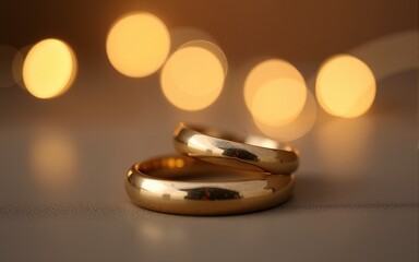 A pair of gold wedding rings with bokeh background. High quality