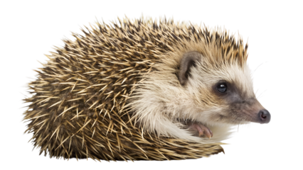 Isolated European hedgehog curled up in a ball, spines visible, ready to protect itself
