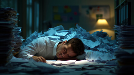 A tired businessman lies on a desk, buried under a mountain of paperwork in a dimly lit corporate office. The messy space reflects a stressful work environment during late hours