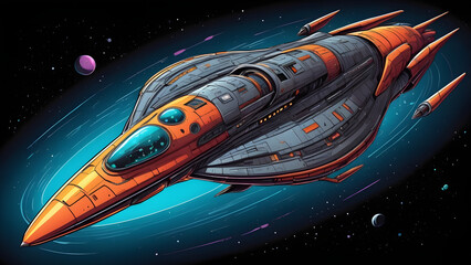 Highly Detailed Cel-Shaded Vector Illustration of a Retro-Futuristic Orange and Gray Spaceship