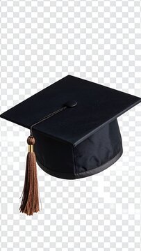 A black graduation cap with a tassel. The background is a transparent checkered pattern, common for graphic designs