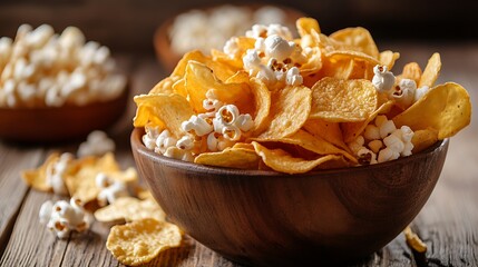 Potato chips with barbecue sauce and sweet popcorn wooden bowls