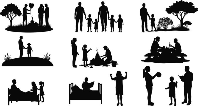 Happy family silhouette illustration with parents and children spending time together, outdoor activities, parenting, love, bonding, education, and lifestyle concept vector design - Powered by Adobe