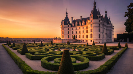 Majestic castle illuminated by golden sunset over lush formal gardens