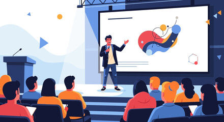 Professional Presenter Engaging Audience During A Vibrant And Colorful Business Seminar