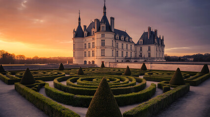 Majestic fairytale castle illuminated by golden sunset over french formal gardens