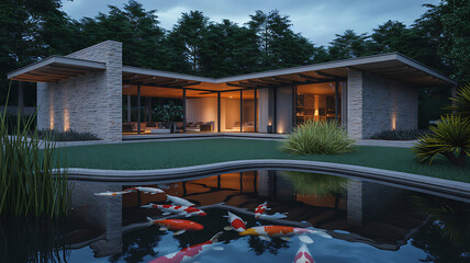 Modern architectural home design with reflective pool and lush forest surroundings at dusk