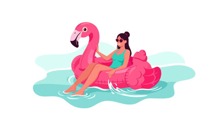 Relaxed Lady Enjoying Summer Vacation Floating On Flamingo Inflatable In The Water