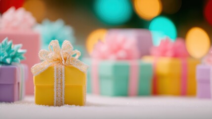 A collection of beautifully wrapped gifts in various colors, placed on a soft surface. The background features twinkling holiday lights, creating a joyful celebration atmosphere