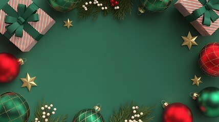  Minimalist Christmas Corner with Plaid Ornaments, Pine Branches & Gold Stars on Green Background