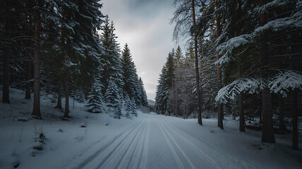 Snowy forest path leading through tall evergreen trees on a cold winter day with soft light.