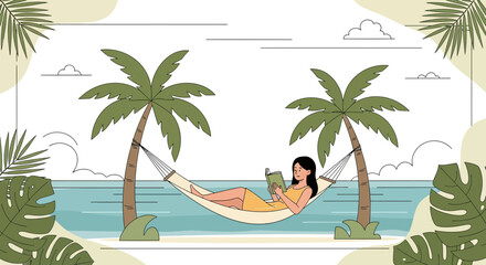 Relaxing Scene of Woman Reading a Book in a Hammock Under Palm Trees on Tropical Beach