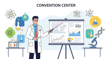 Researcher Presenting Data Analysis With Charts, Atoms, And Scientific Illustrations Perfectly