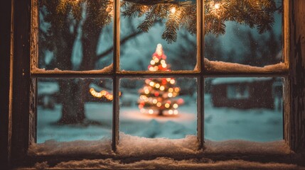 Snow gently covers the window while a beautifully decorated Christmas tree glows in the distance. The serene scene captures the joy of winter and festive spirit