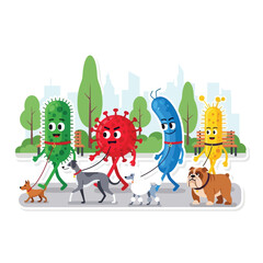 Fototapeta premium Funny cartoon characters of various germs and viruses walking their pet dogs in a city park.
