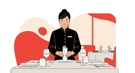 Restaurant Server Preparing Table Setting Illustration For Exquisite Fine Dining Experience