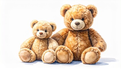 Obraz premium Two plush teddy bears side by side on white background, contrasting sizes and fur tones evoke warmth and companionship.