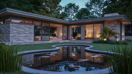 Modern architectural home with reflecting pool and lush landscaping at dusk