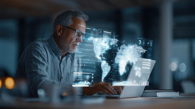 A focused man works on his laptop in a contemporary office. Holograms of global data and maps project from the screen, highlighting advanced technology in a professional environment