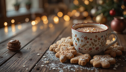 Christmas cookies and hot cocoa on a wooden table, surrounded by fairy lights, cozy festive vibe