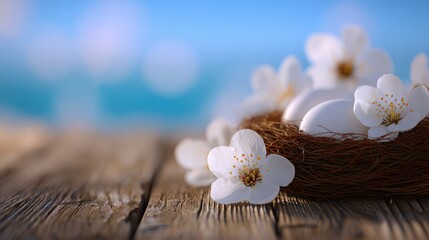 A rustic nest holds smooth white eggs nestled among gentle flowers. This peaceful scene is set against a tranquil blue background, creating a sense of calm and nature's beauty