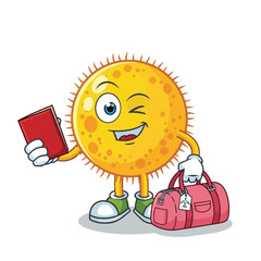 Naklejka premium A cute yellow cartoon sun character holding a passport and a travel bag.