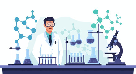 Scientist Conducting Research in Laboratory with Molecular Structures and Scientific Instruments