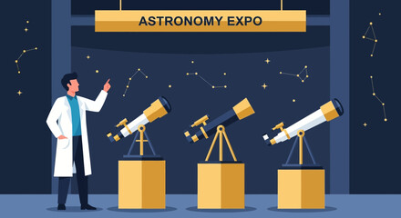 Scientist Explaining Constellation Patterns At An Astronomy Expo With Telescopes