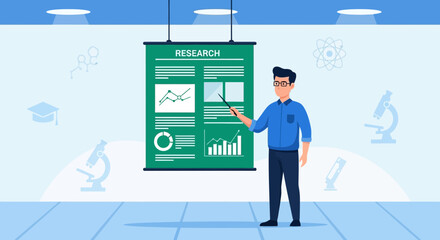 Scientist Giving Presentation About Research Project With Data Visualizations and Charts Displayed