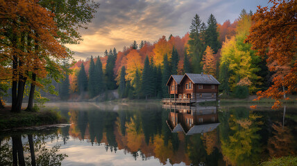 Serene autumn landscape cabin reflection calm lake scenic fall foliage nature beauty