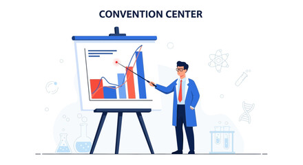 Scientist Presenting Financial Data At A Convention Center With Science And Data Visualization