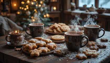 Christmas cookies and hot cocoa on a wooden table, surrounded by fairy lights, cozy festive vibe