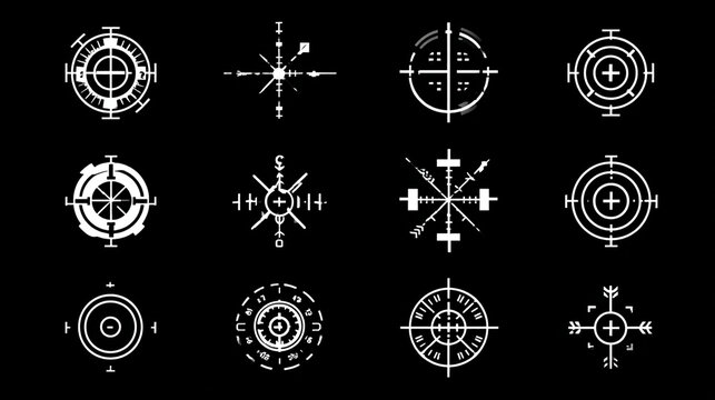 Twelve white crosshairs and targets on a solid black background.