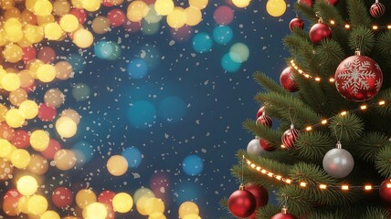 Glowing Christmas Tree Corner with Red Baubles & Fairy Lights Against Colorful Bokeh Background