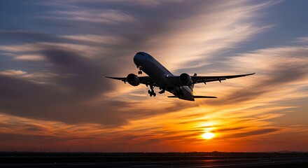 Airplane Takes Flight into Sunset A Stunning Aviation Scene