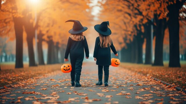 Halloween autumn scene with children witch costumes walking leaf covered path holding pumpkin buckets, festive mood with orange trees and soft
