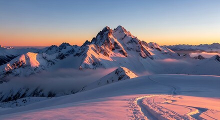 Breathtaking panoramic view of snow-capped mountains bathed in the warm glow of sunrise, illuminating the pristine landscape