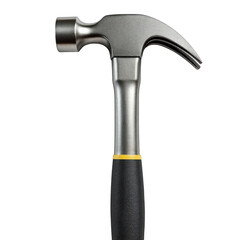 Close-up view of a durable metal claw hammer with yellow accent on handle isolated on transparent background