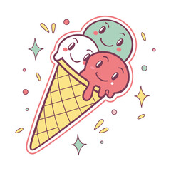 Colorful Cartoon Ice Cream Sticker Featuring Cone Vector Illustration