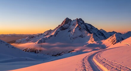 Serene winter landscape with fresh ski tracks in the snow leading towards a majestic mountain peak at sunrise