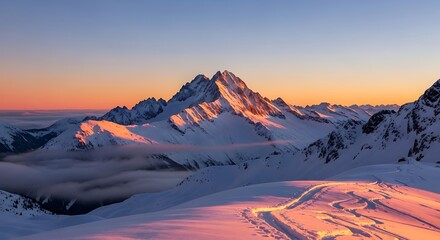 Majestic snow-covered mountain peaks glowing with vibrant alpenglow during a stunning winter sunrise over a vast alpine landscape