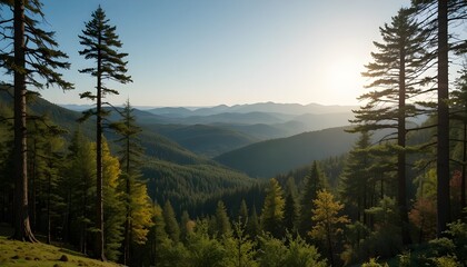 Beautiful Panoramic Forest View with Sunlight Gently Shining Through the Trees"