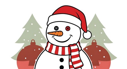 Festive Snowman Illustration with Christmas Tree and Ornament Background.