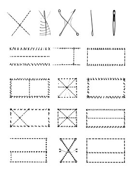 A collection of hand-drawn stitching and sewing illustrations with various patterns, lines, and needle representations in black and white