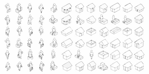 Naklejka premium Collection of isometric hand drawn architectural elements and figures with luggage