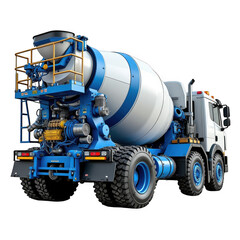 Powerful blue and white cement mixer truck ready for construction site tasks isolated on transparent background