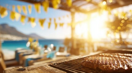 Bright sunny day at the beach barbecue party features people enjoying grilled food, laughter, and festive decorations overlooking the ocean and mountains
