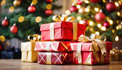 Christmas presents stacked under a glowing tree, bokeh background
