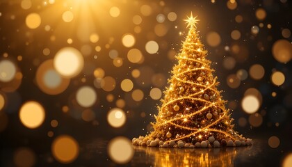 Elegant Golden Christmas Tree Glowing Brightly in an Abstract Night Background"