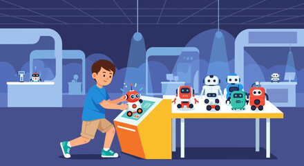 The Young Boy Interacts With A Robotic Display At The Future Tech Museum Exhibit